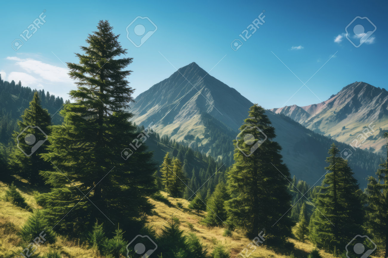 218008809-sérénité-idyllique-majestueux-pins-verts-embrassant-les-montagnes-sous-un-ciel-bleu-clair